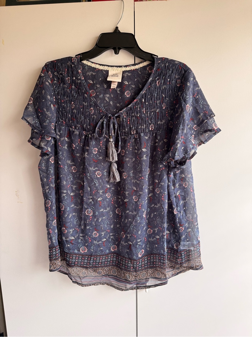 Knox Rose Navy Floral Tie-Front Tassel Flutter Sleeve Blouse